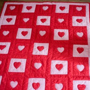 handmade throw quilt hearts white red country cottage maximalist 60x42 l…